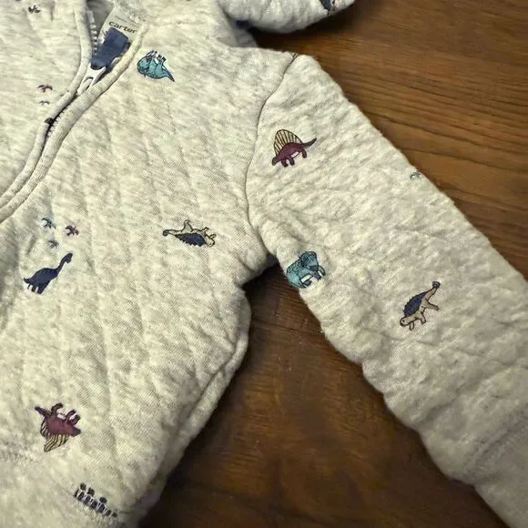 Carter’s Dino Zip Hoodie 6 Months Baby Boy Gray Quilted - Picture 3 of 5